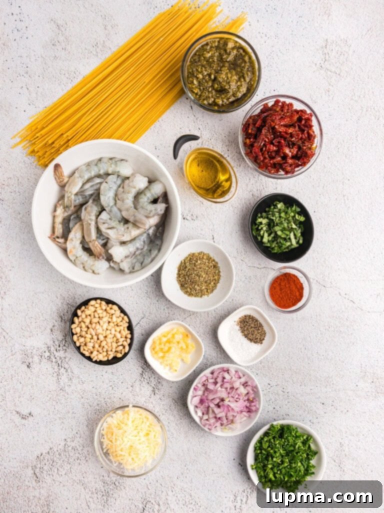 Vibrant Shrimp Pesto Pasta 3 Shrimp Pesto Pasta recipe ingredients displayed on a cutting board