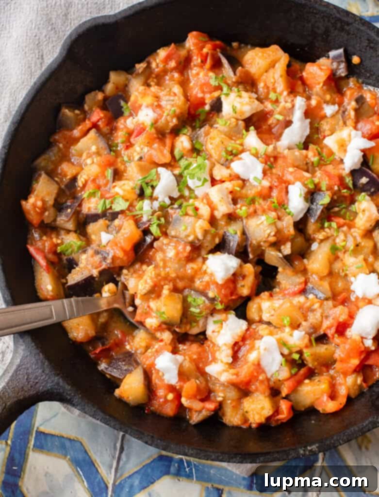Rustic Skillet Eggplant and Tomatoes 5 Skillet Tomato and Eggplant with spoon in pan