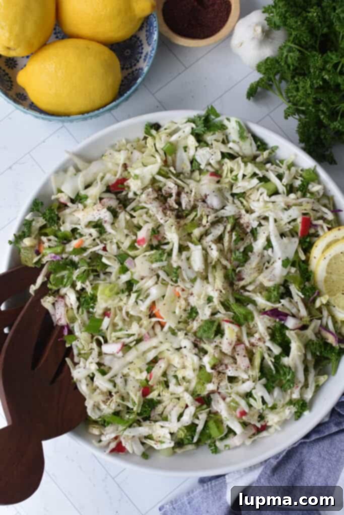 Fresh Lebanese Cabbage Slaw 6 Malfouf Salad served in a white bowl with a fork, ready to be enjoyed.