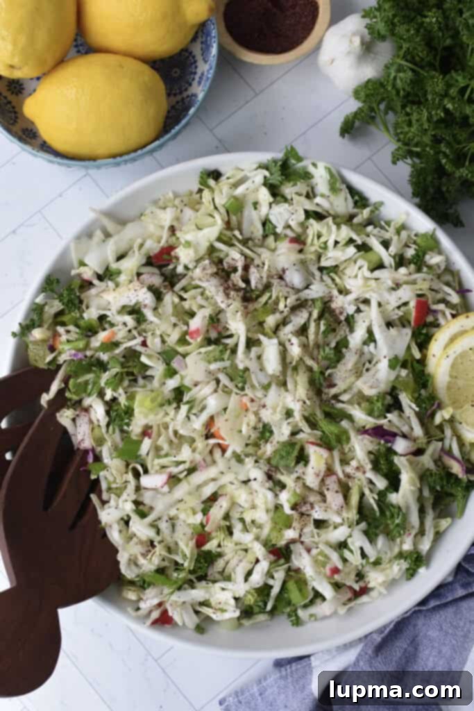 Fresh Lebanese Cabbage Slaw 7 Malfouf Salad in a white bowl with a wooden spoon, ready to be served and enjoyed.