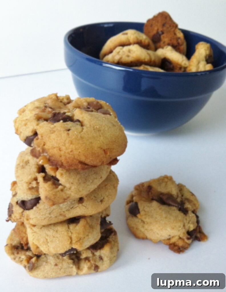 Peanut Butter and Toffee Cookies 3 A close-up shot of the Peanut Butter Toffee Cookies recipe, showing the delectable texture and inviting golden-brown finish of the cookies, ready to be enjoyed.