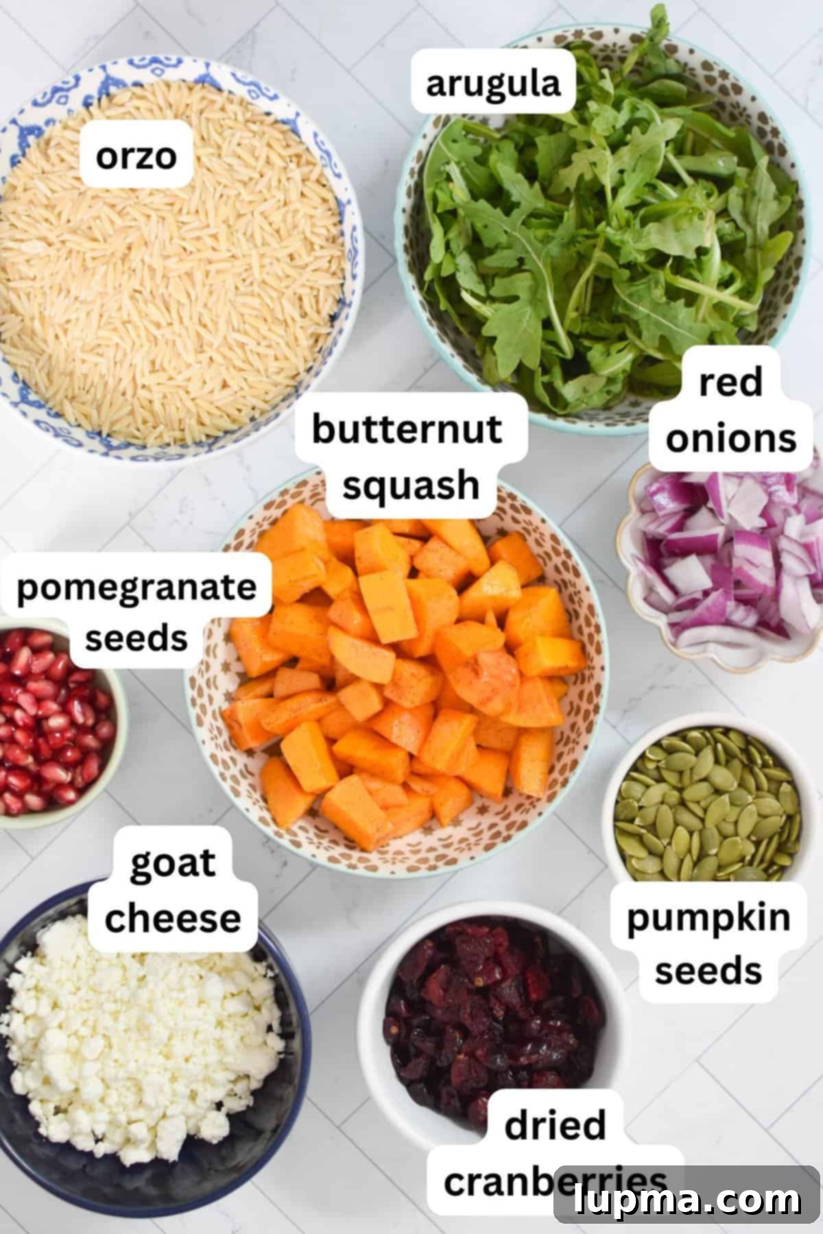 Hearty Autumn Orzo Salad 5 A vibrant array of fresh ingredients for Fall Orzo Pasta Salad laid out on a rustic wooden board, including butternut squash, pomegranate, goat cheese, and dried cranberries.