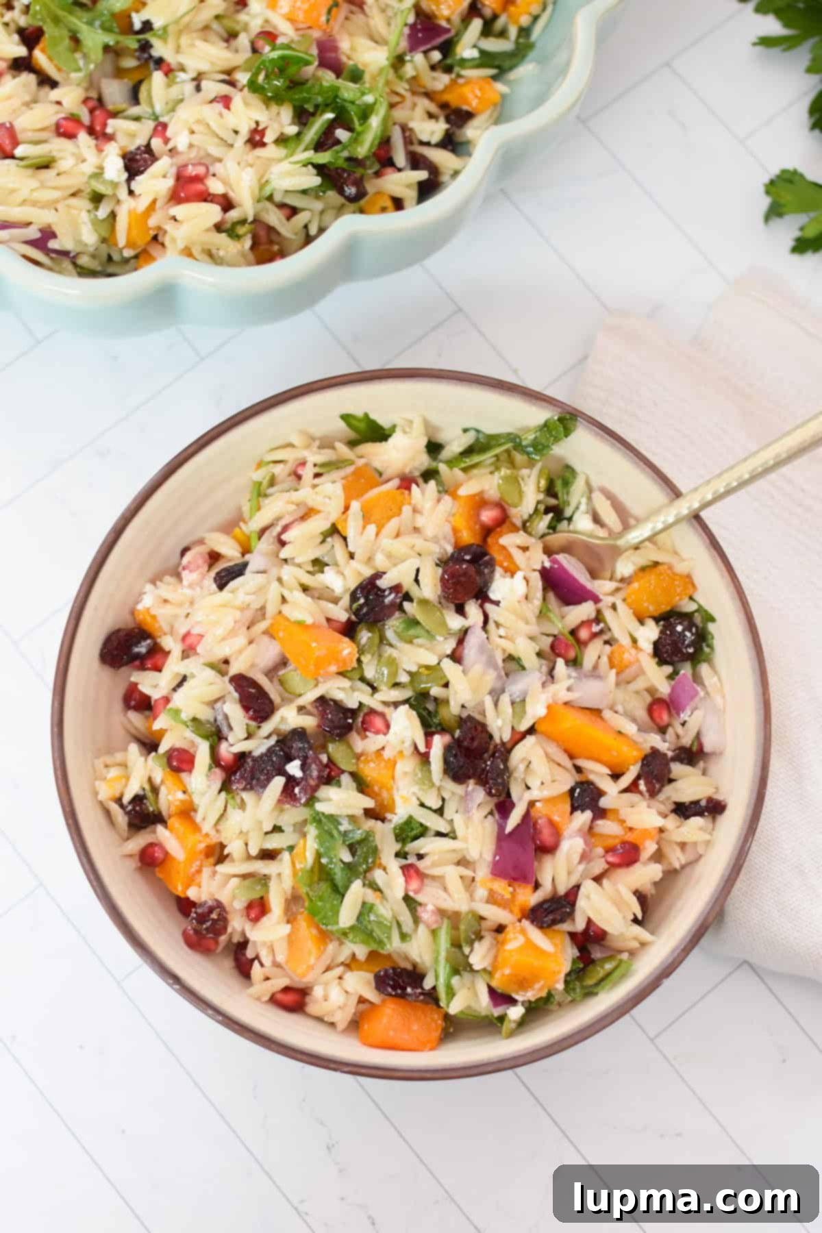 Hearty Autumn Orzo Salad 6 A small bowl of Fall Orzo Pasta Salad with a gold fork, ready to be enjoyed.