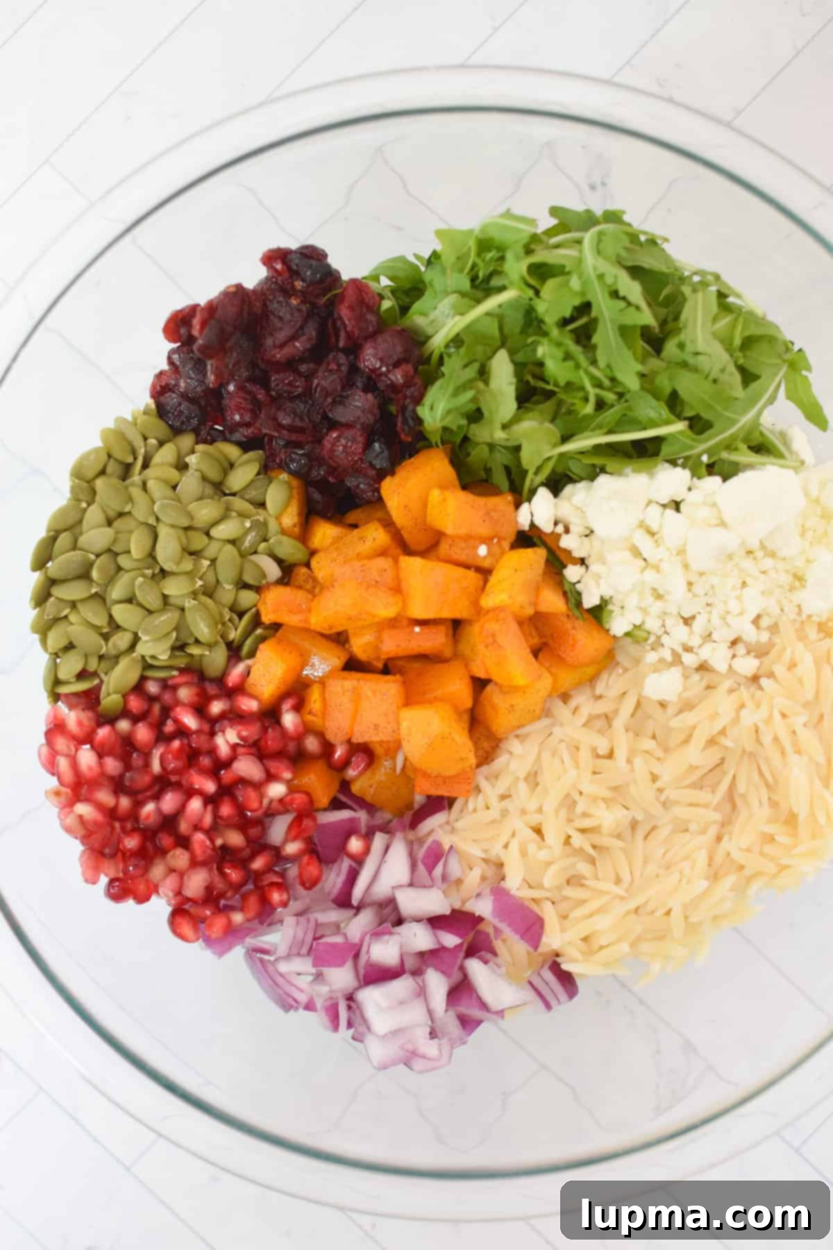 Hearty Autumn Orzo Salad 10 All the cooled ingredients for the Fall Orzo Pasta Salad, including orzo, squash, goat cheese, cranberries, and pomegranate, in a large glass mixing bowl.