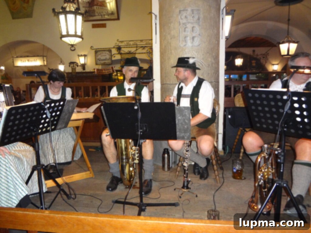 A traditional German band playing music in a Munich beer hall