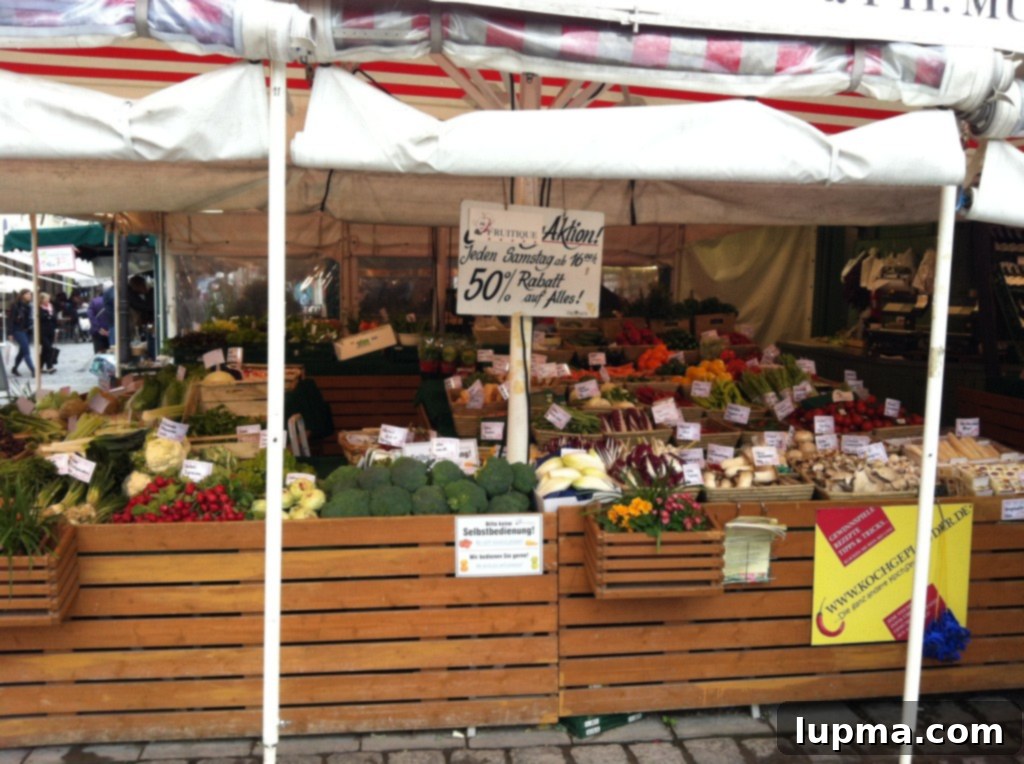Abundant fresh fruits displayed at a market in Munich, Germany