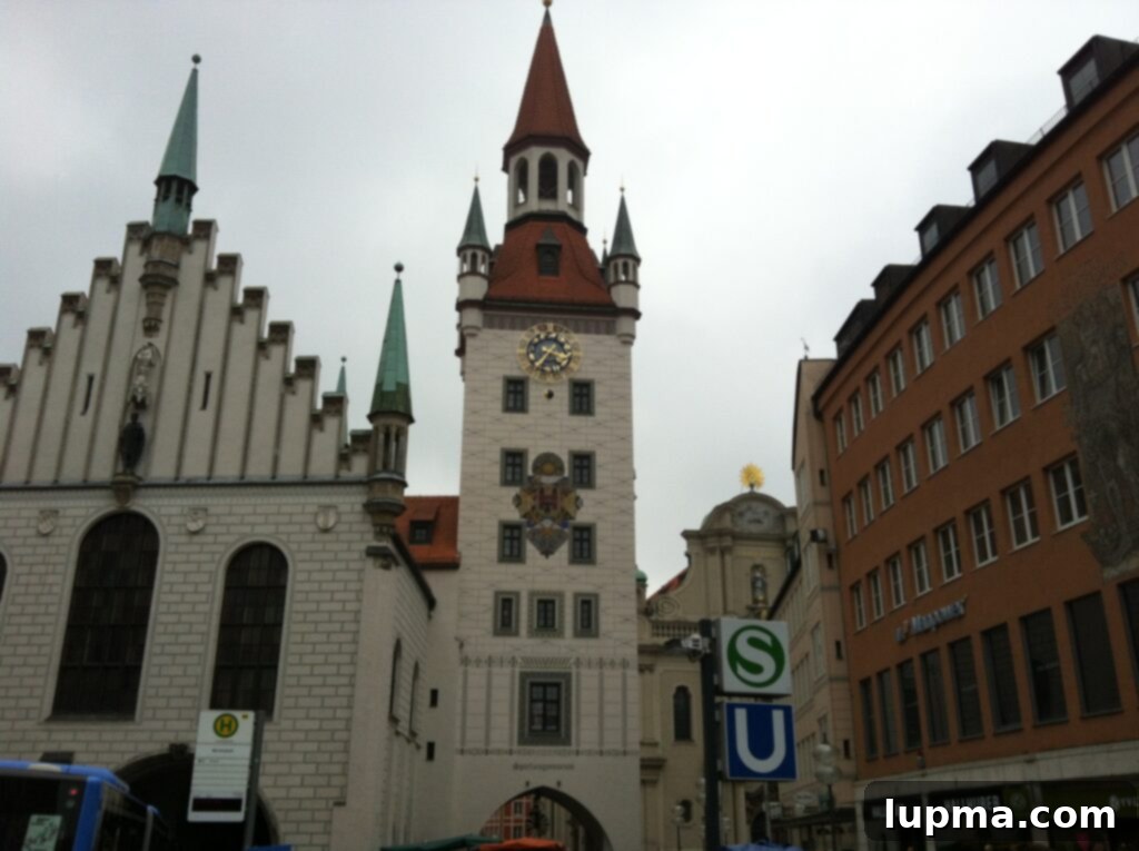 Panoramic shot of a historic church and buildings in Munich, Germany