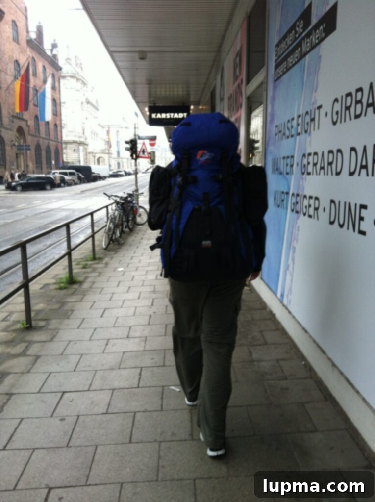 Traveler's backpack ready for exploration in Munich, Germany