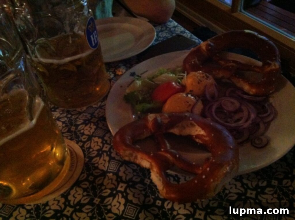 An array of delicious Bavarian pretzels displayed in Munich, Germany
