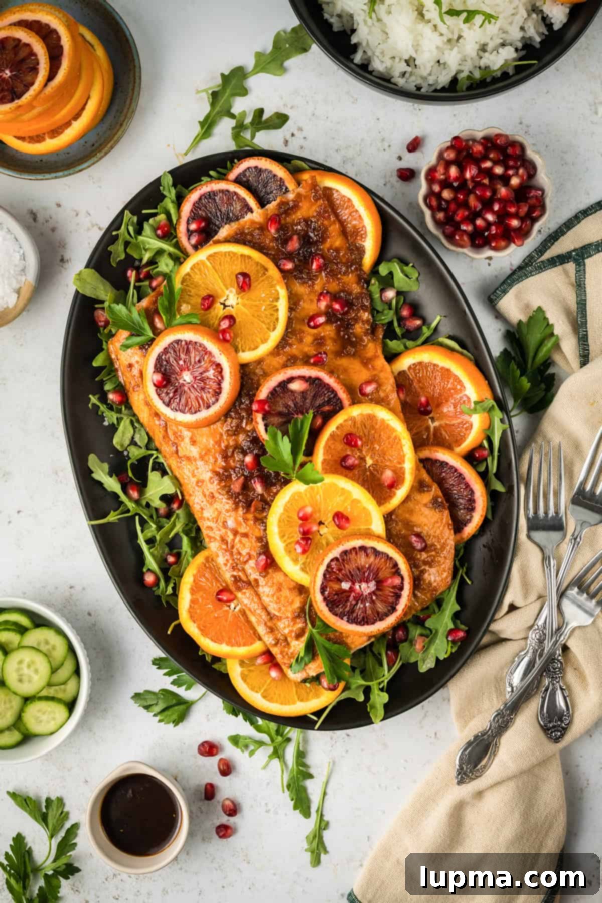 Orange Glazed Salmon on a black plate with pom seeds 