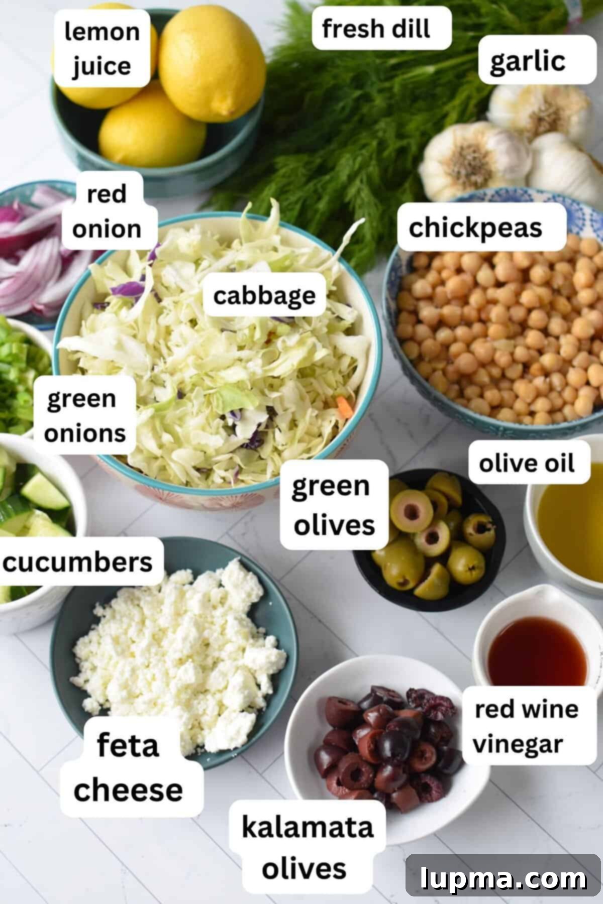 Greek Cabbage Salad recipe ingredients laid out