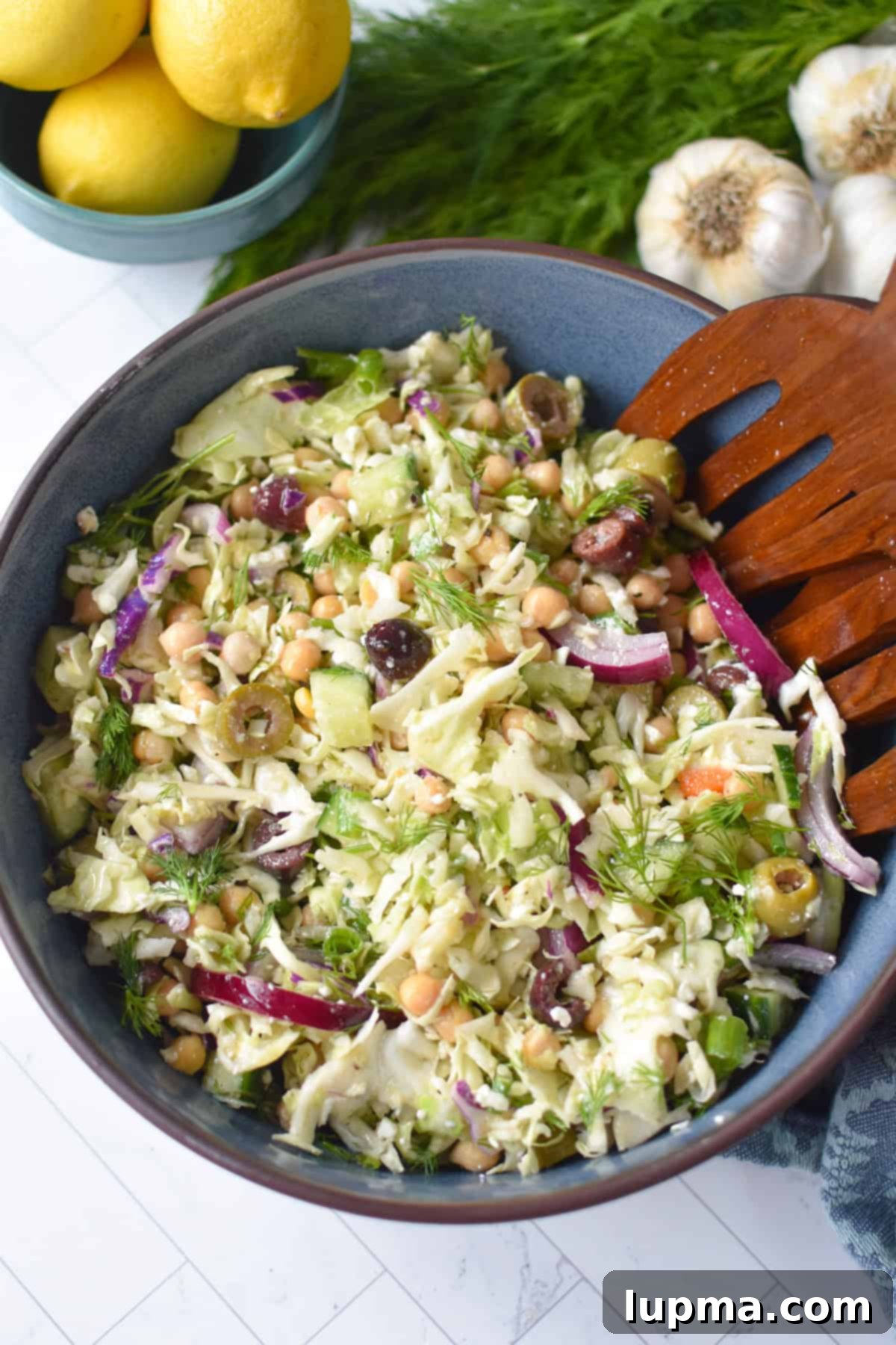 Mediterranean Cabbage Salad with Feta in a serving bowl.