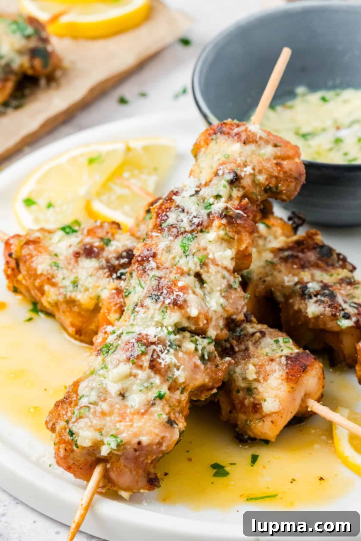 Garlic Parmesan Chicken Kebabs 2 Juicy chicken thighs skewers brushed with garlic parmesan butter sauce