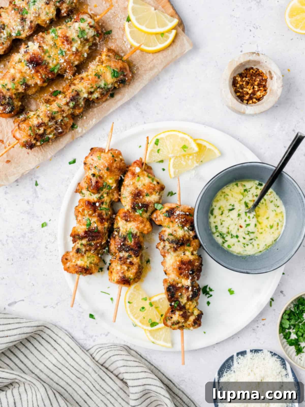 Garlic Parmesan Chicken Kebabs 12 Garlic Parmesan Grilled Chicken Skewers with Lemon and Parsley