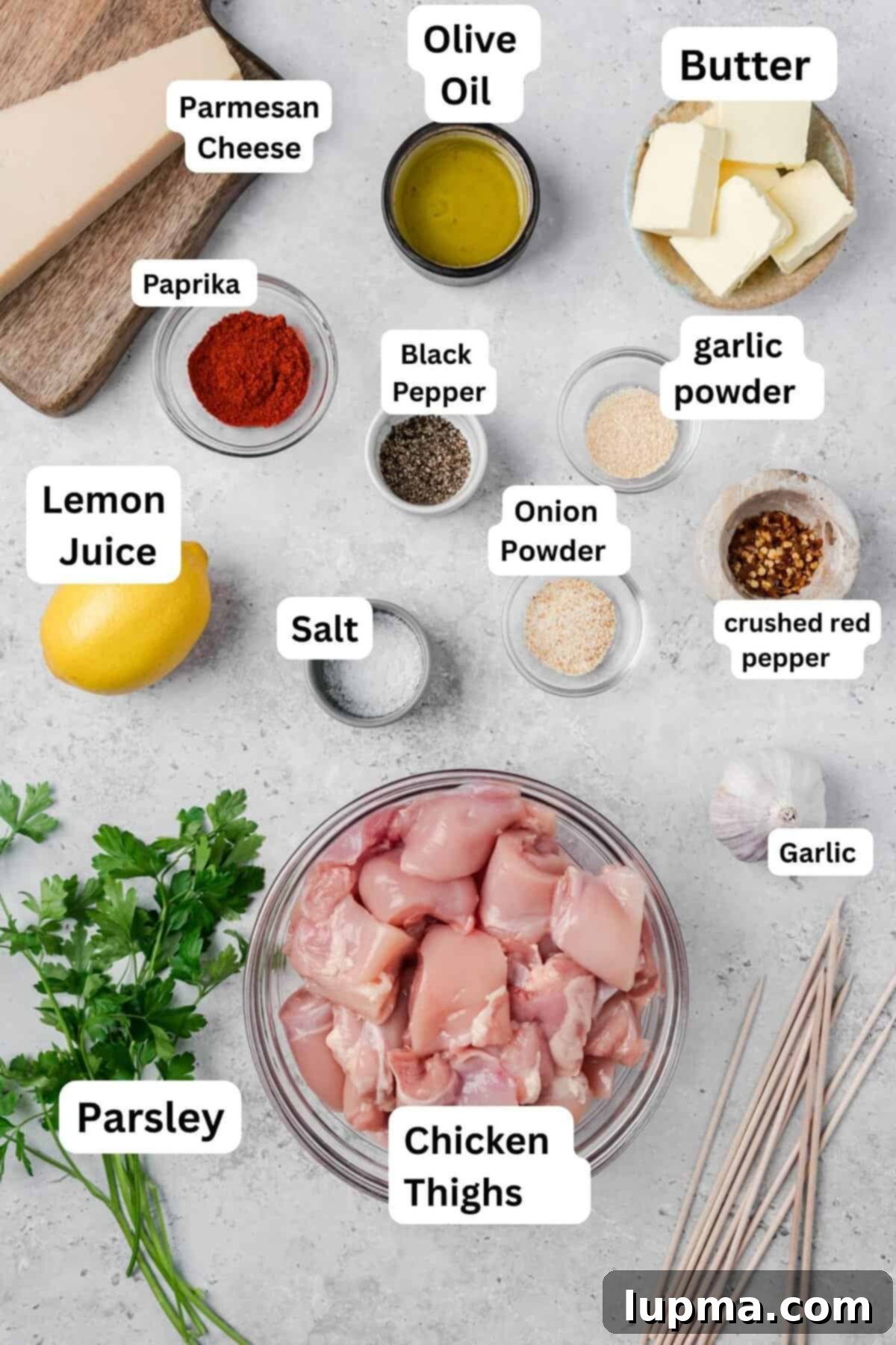 Garlic Parmesan Chicken Kebabs 5 Grilled Chicken Skewers with recipe ingredients