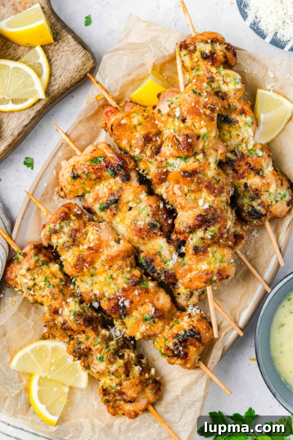 Garlic Parmesan Chicken Kebabs 6 Grilled Chicken Skewers with Parmesan, Garlic and Butter
