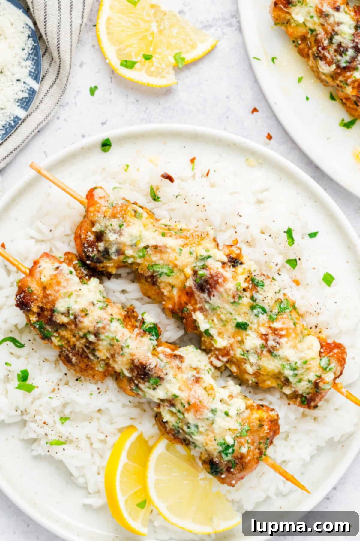 Garlic Parmesan Chicken Kebabs 7 Juicy Grilled Chicken Skewers Brushed with Garlic Parmesan Butter Sauce