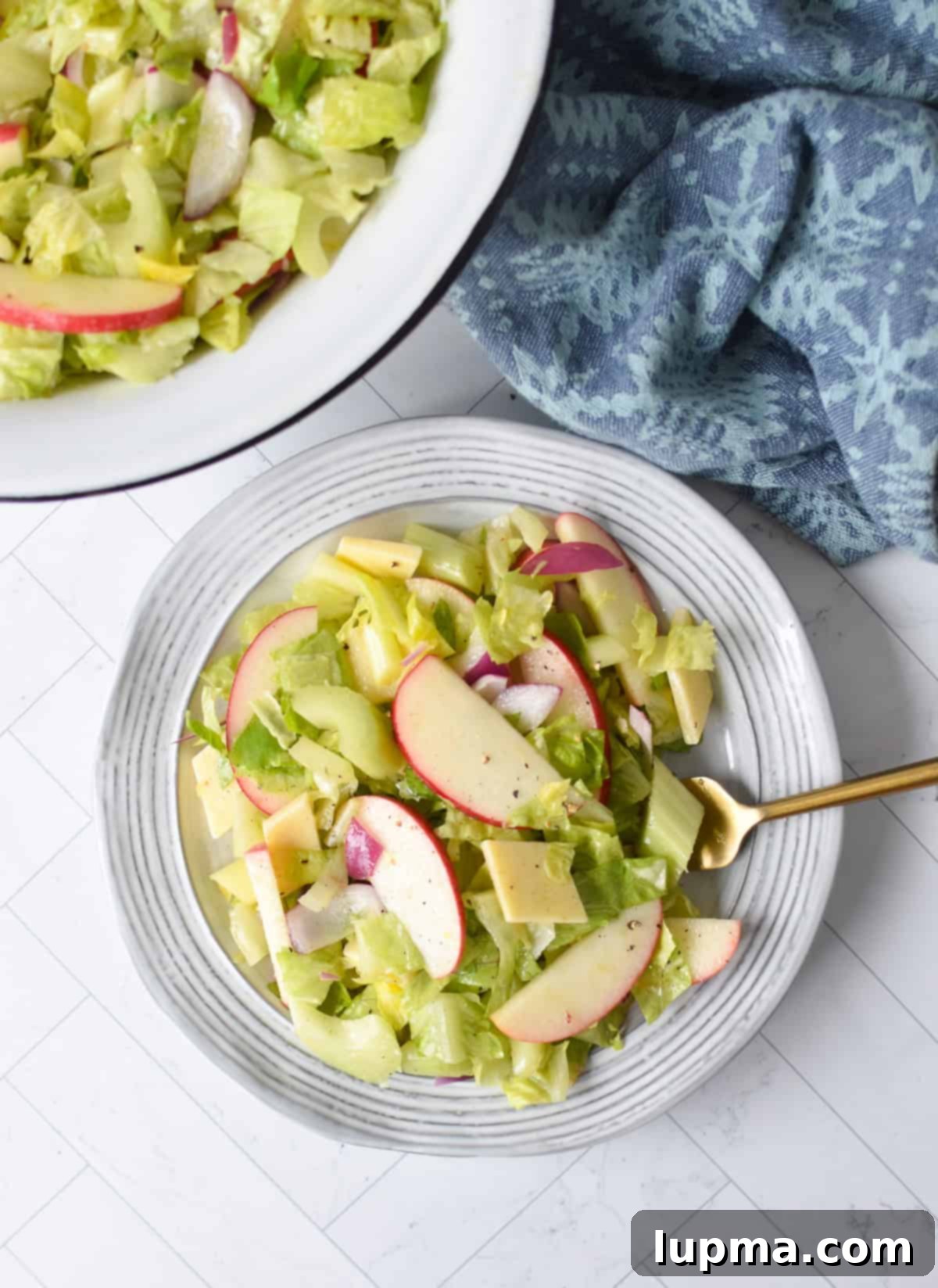 Apple and Celery Crunch: A Refreshing Salad Recipe 6 Apple Salad with Celery on a white plate with gold fork