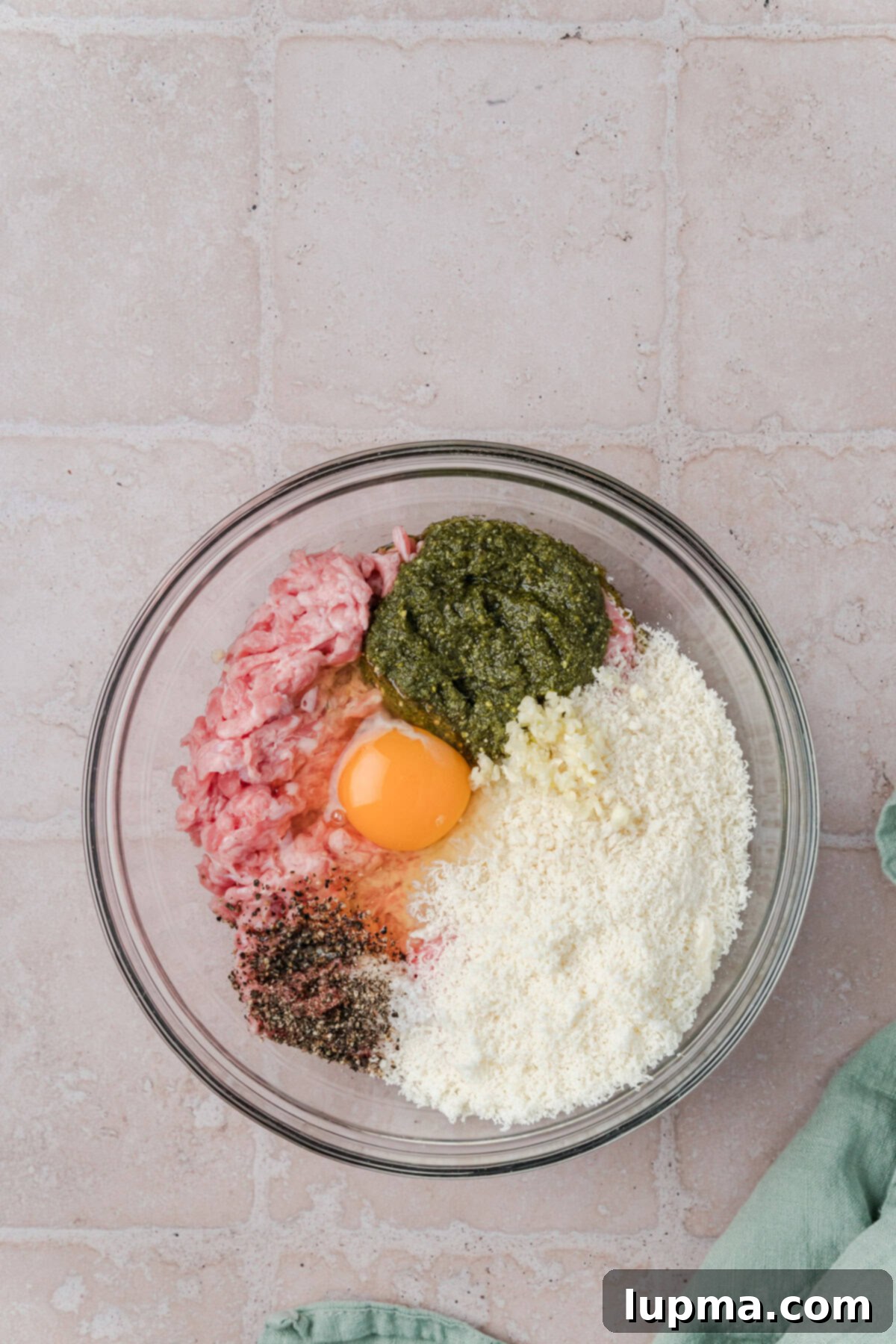 Turkish-Spiced Pesto Turkey Bites 5 Turkey Pesto Meatball ingredients in a glass bowl