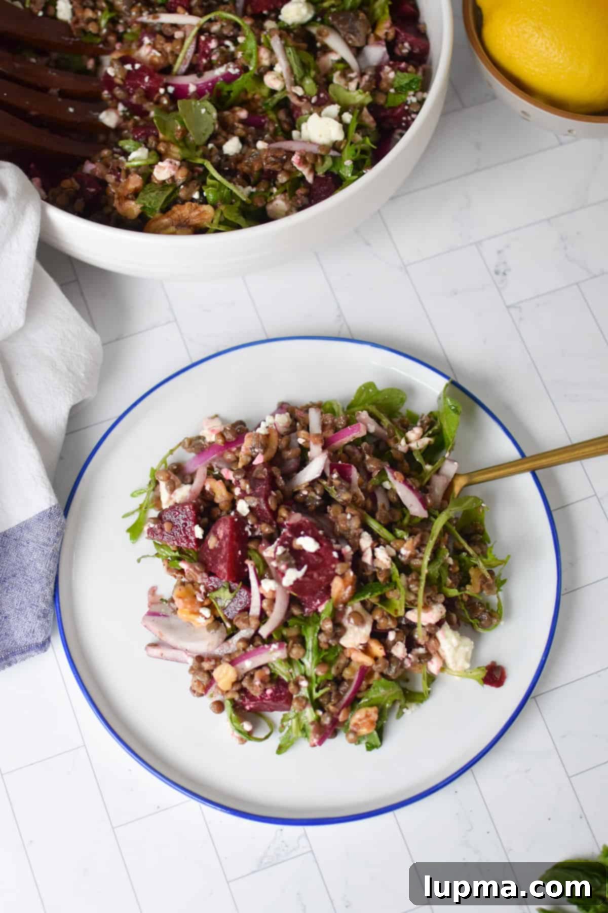 Mediterranean Lentil Beet Salad on a small white plate