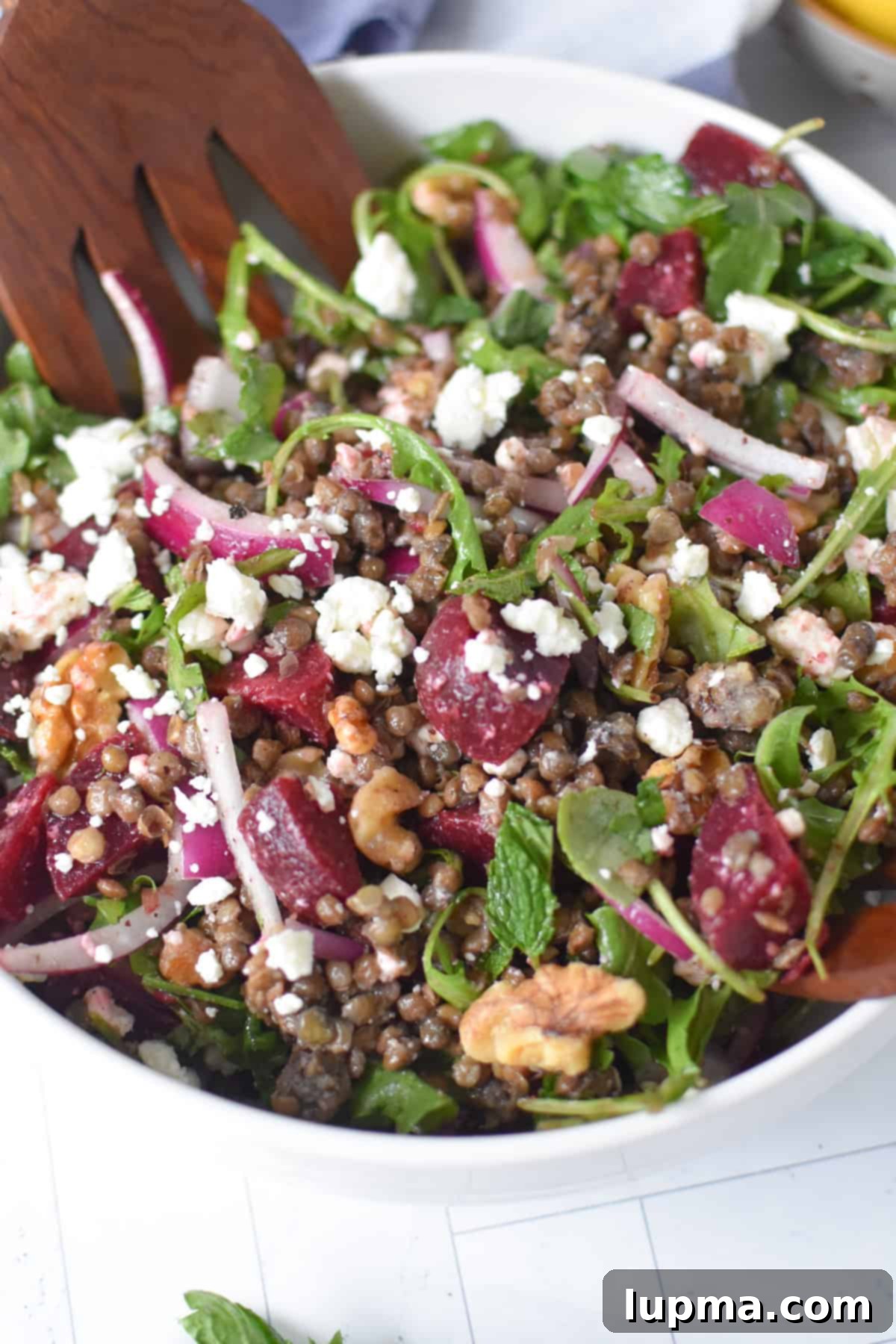 Beet and Lentil Salad with Feta in a white bowl