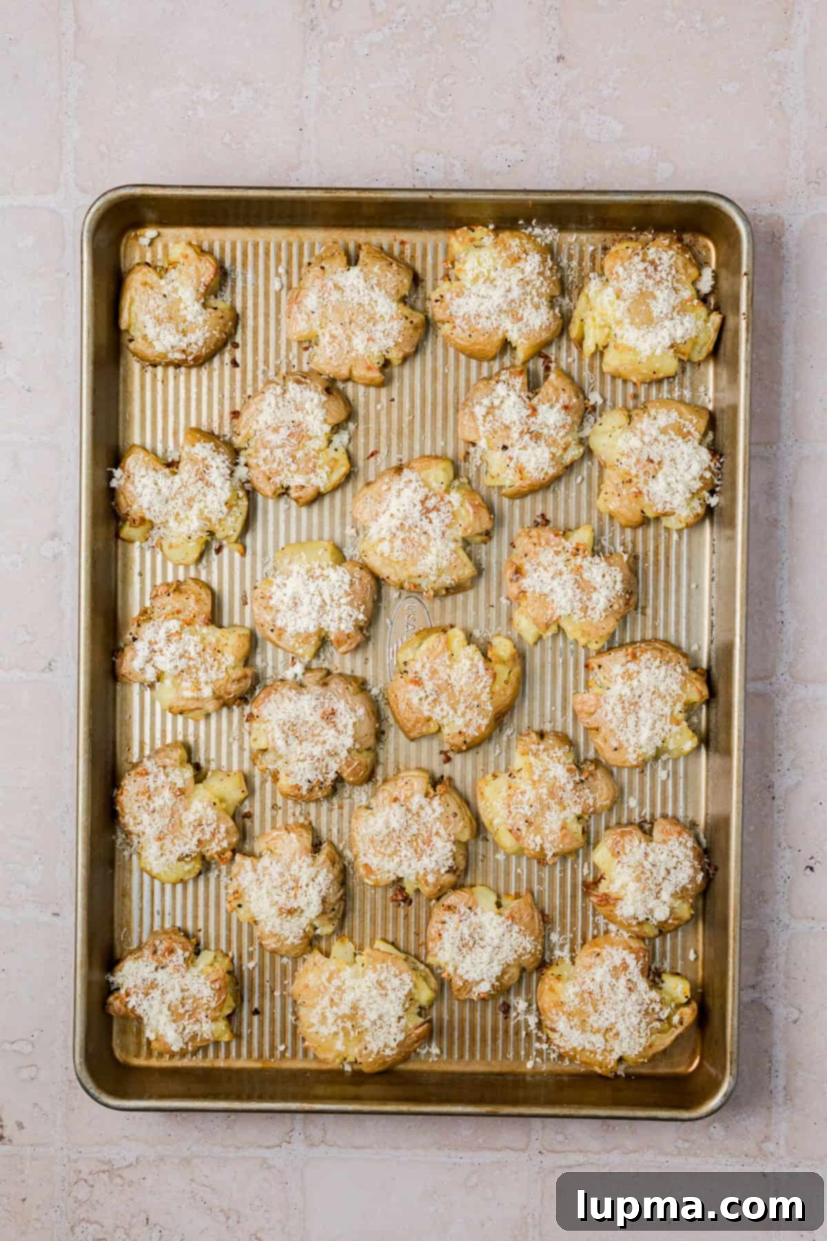 Crunchy smashed potatoes fresh from the oven