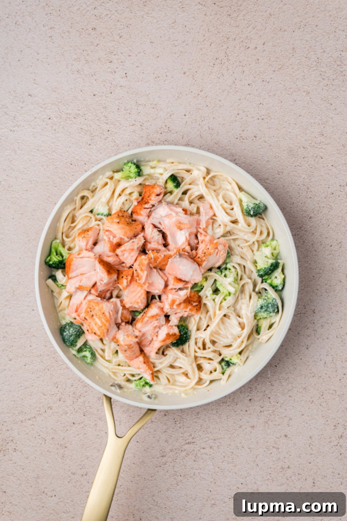 Salmon and Broccoli Pasta tossed in creamy sauce