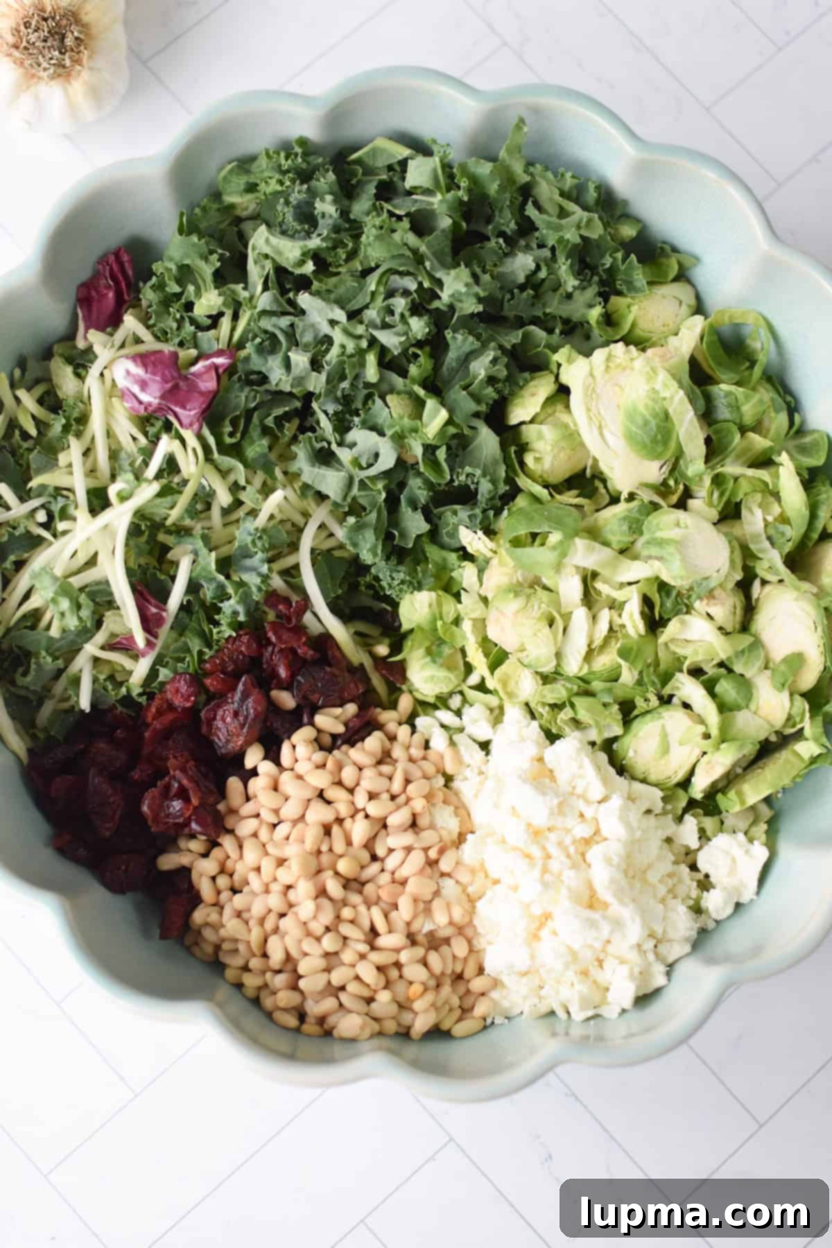 Easy Kale Brussels Sprout Cabbage Salad ingredients in a bowl before dressing