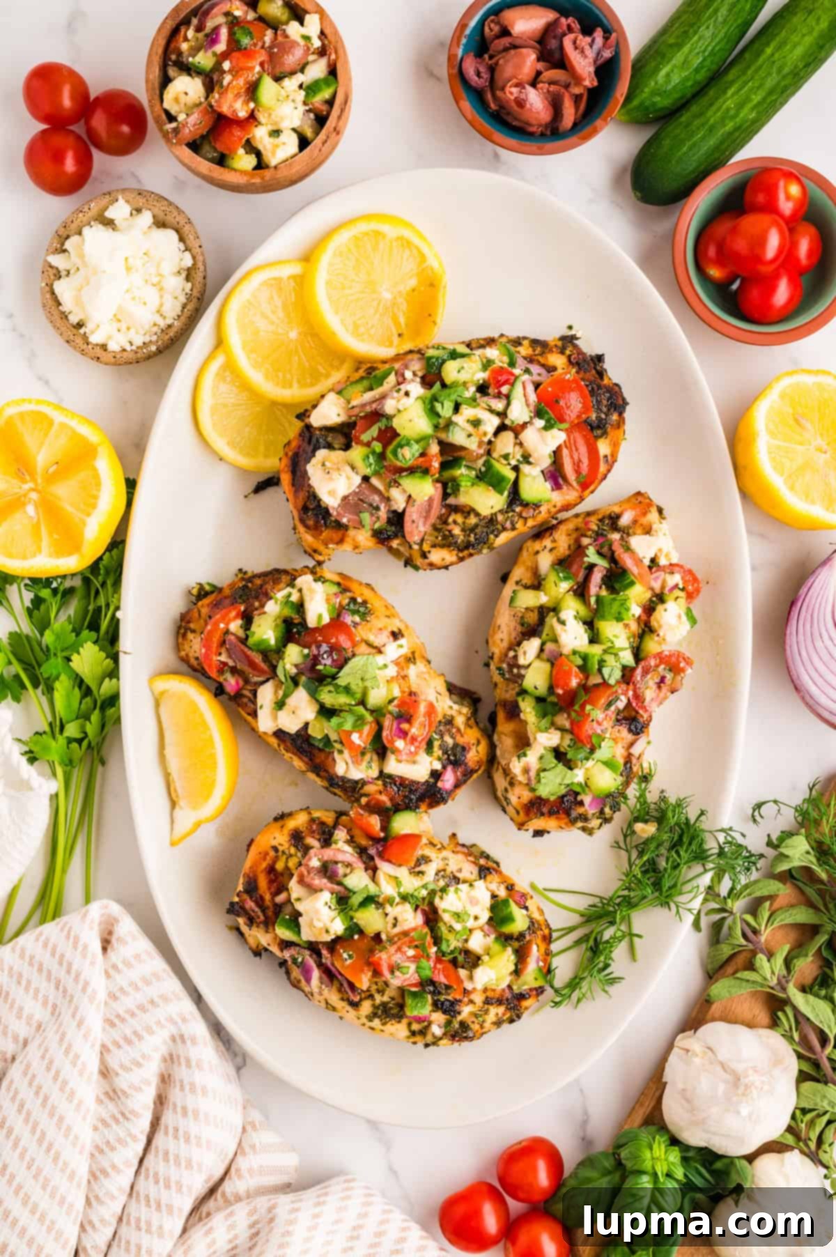 Plated grilled Mediterranean chicken breast with a generous herb marinade drizzle and fresh feta topping.