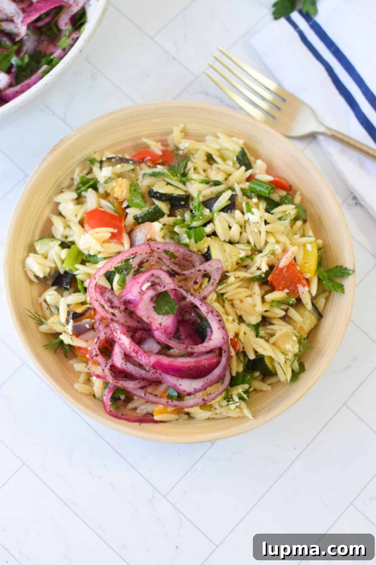 Mediterranean roasted vegetable orzo salad with crumbled feta and lemon herb dressing