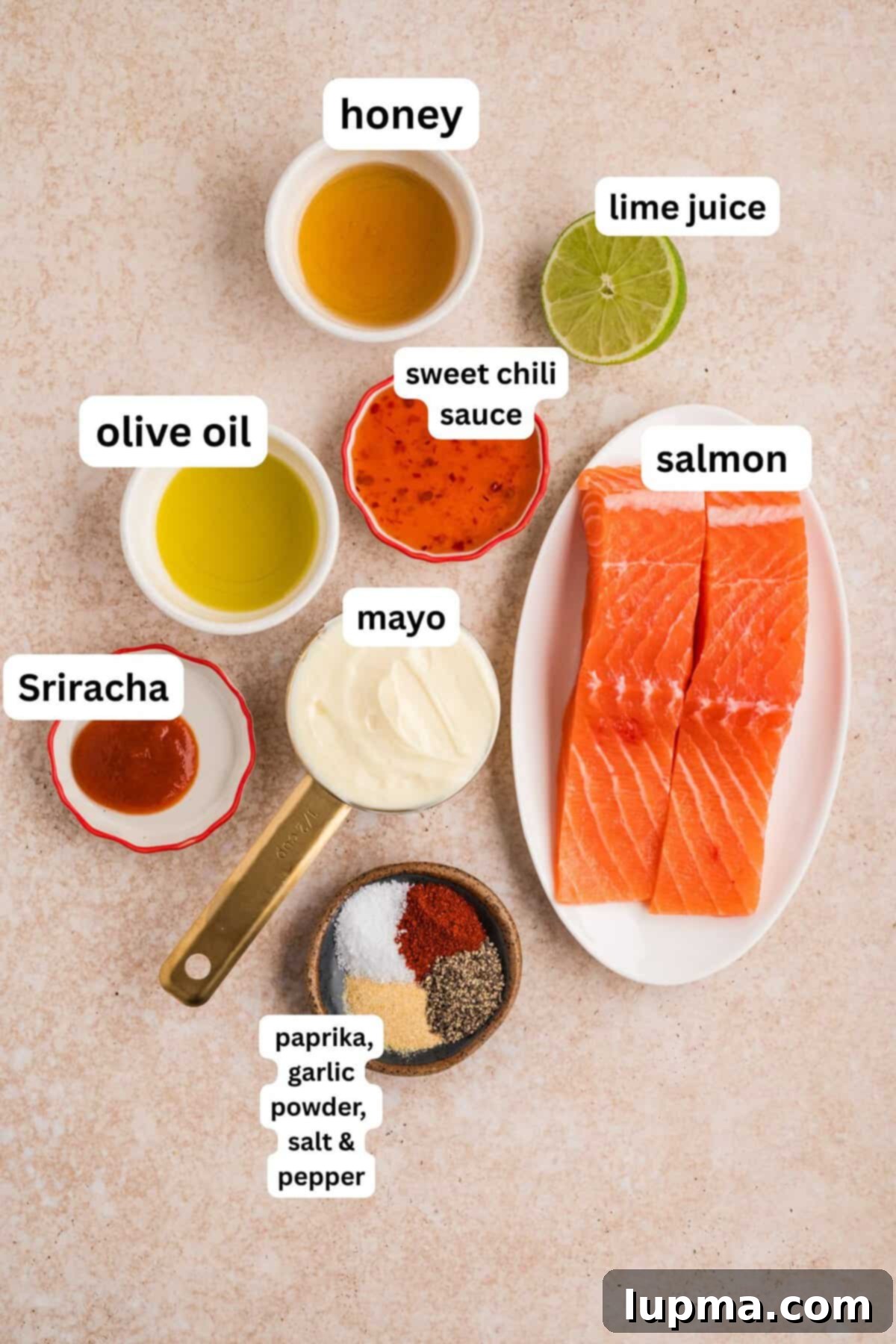 Bang Bang Salmon Recipe Ingredients laid out on a table