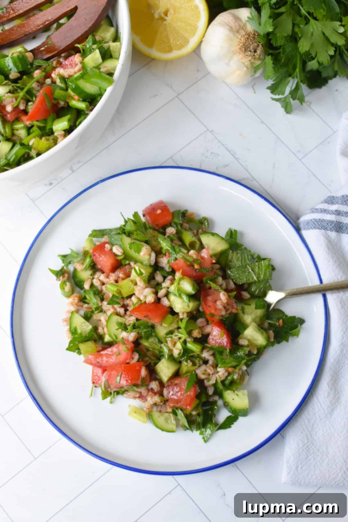 A small white plate showcasing a portion of Farro Tabbouleh, highlighting its fresh ingredients.
