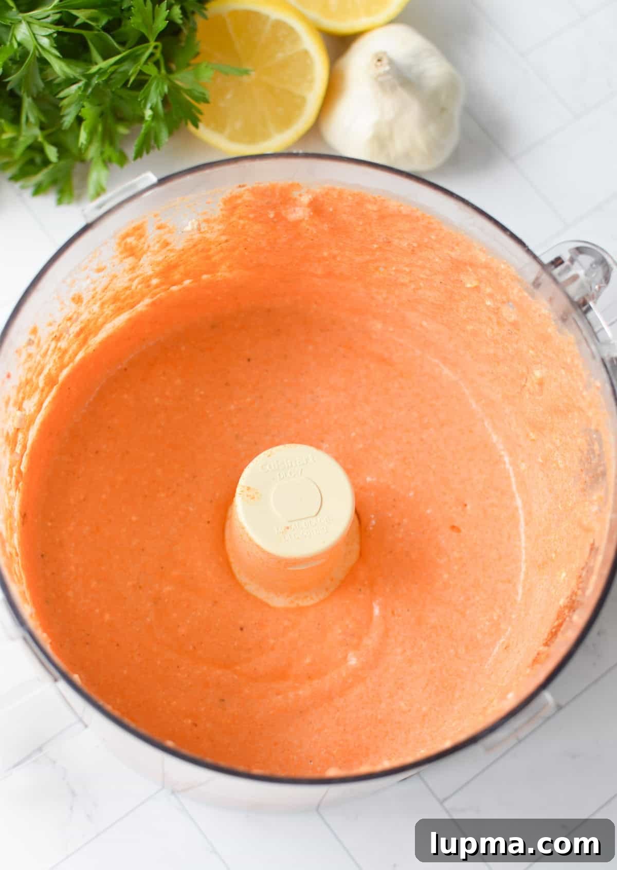 Blended Roasted Red Pepper Feta Dip in a food processor