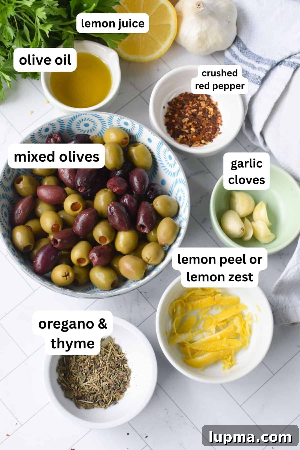 Mediterranean Warm Lemon Olives with Herb Garlic Dip — 10 Minutes 5 Warm Olives recipe ingredients