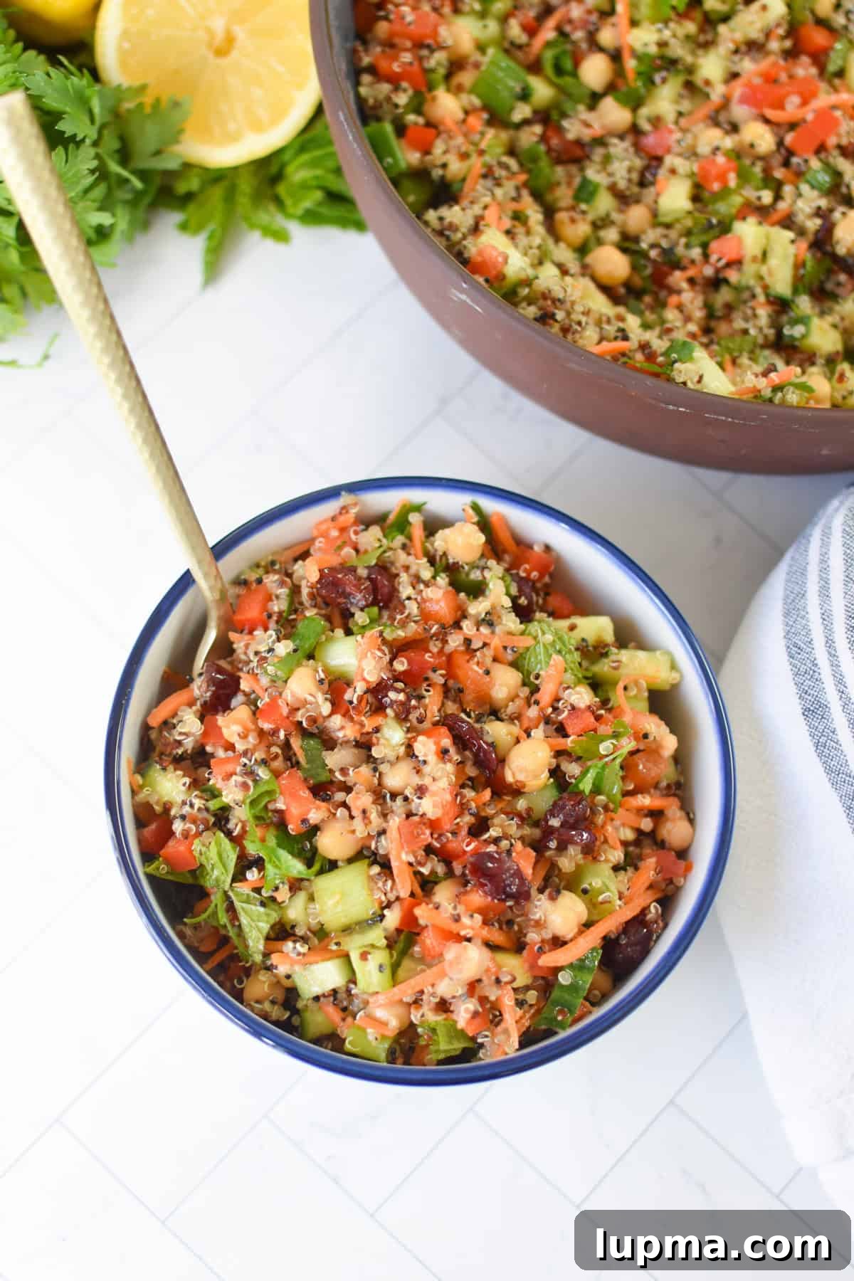 Moroccan Chickpea Salad with Roasted Veggies & Citrus Dressing 6 Easy Moroccan Quinoa Chickpea Saald in a small bowl