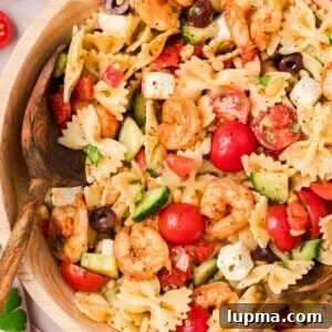 Cold shrimp pasta salad with Mediterranean vegetables and red wine vinaigrette