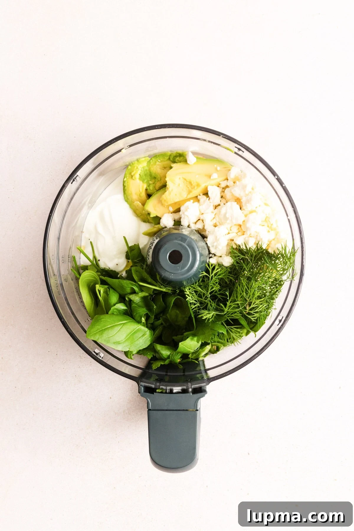 Greek Goddess Dip ingredients in a food processor 