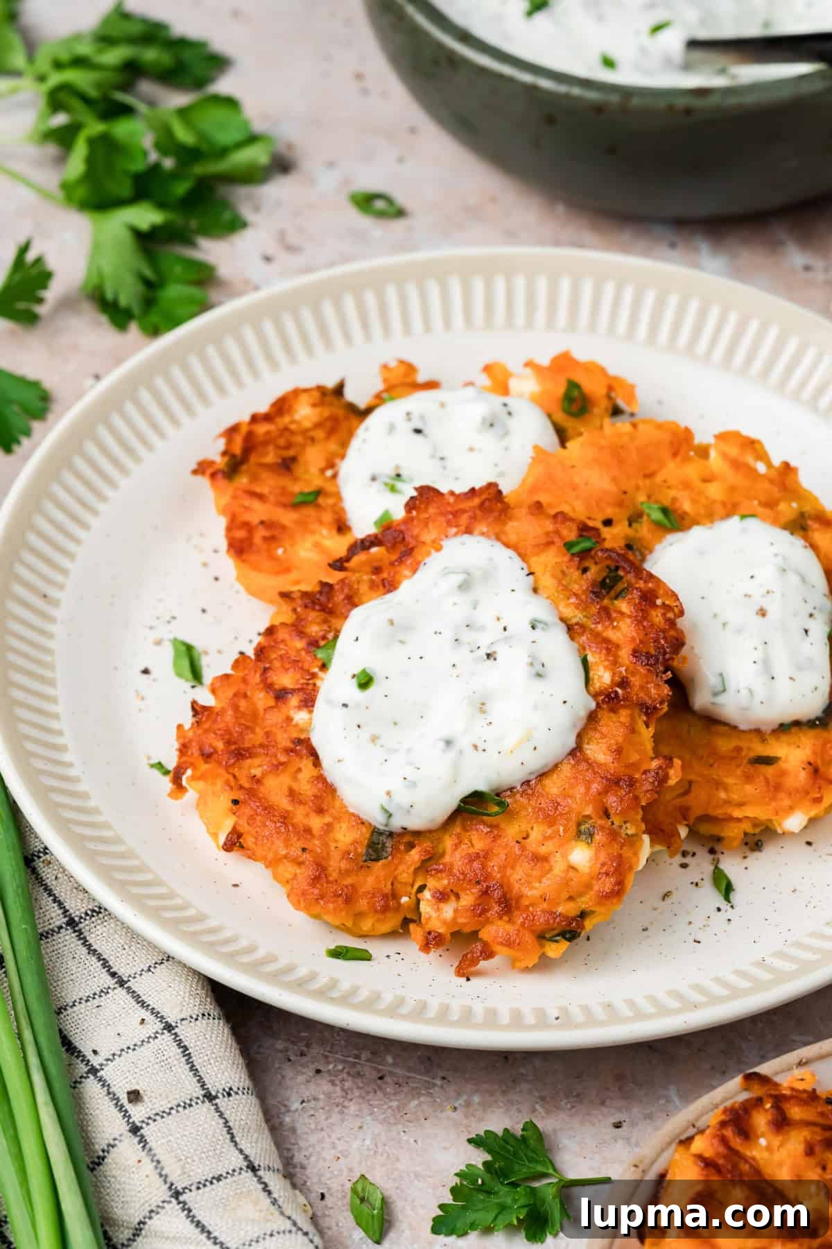 Sweet Potato Fritters on a white plate 