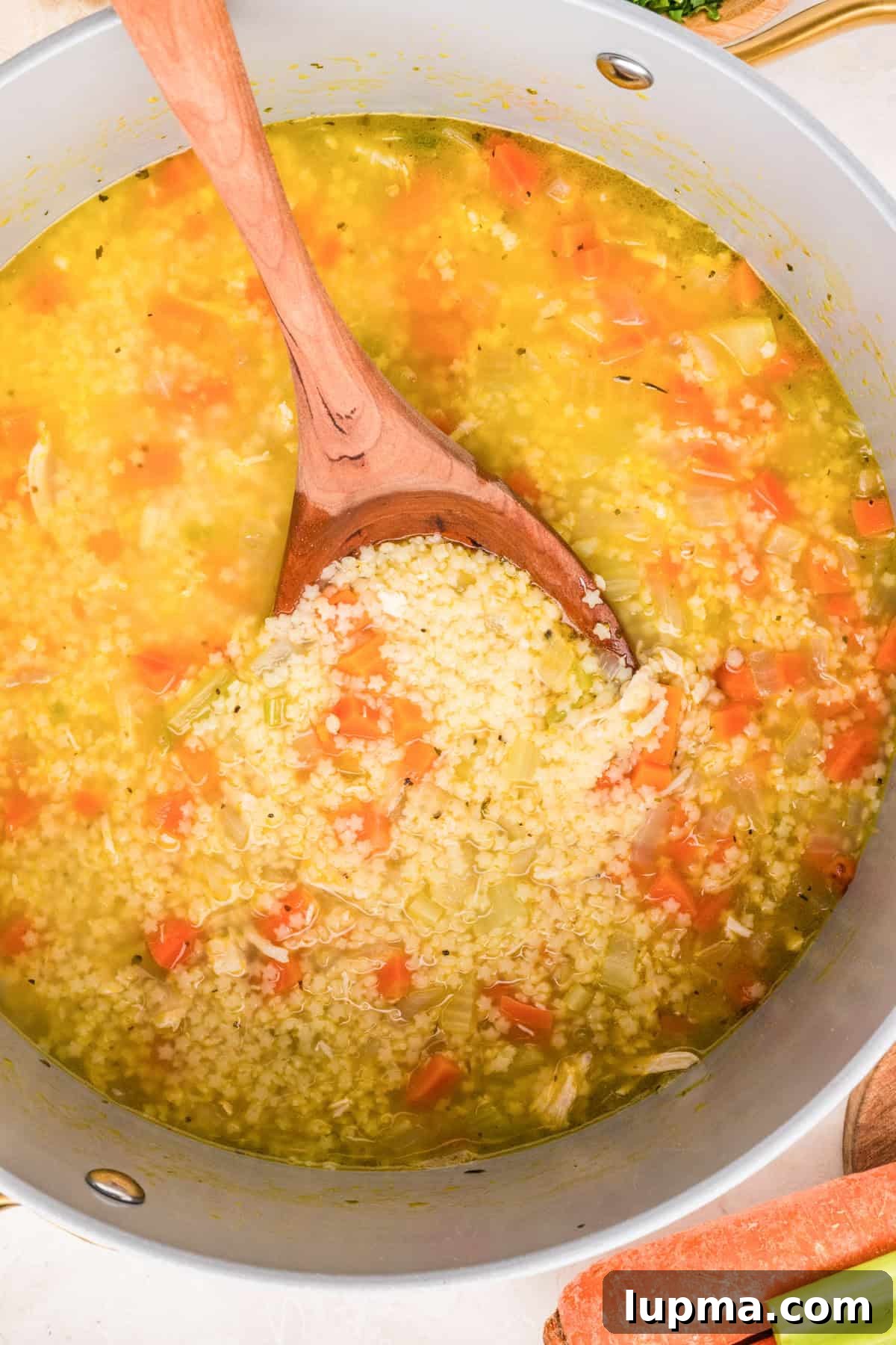 Chicken Pastina Soup: Classic Italian Penicillin Remedy 9 Chicken Pastina in a dutch oven with a spoon